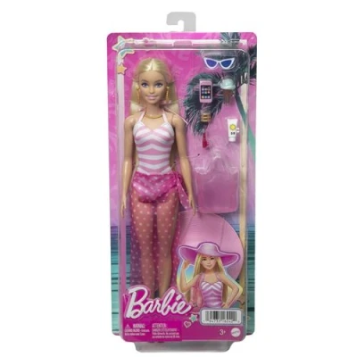 Abbildung von Barbie Blonde Puppe mit pink weißem Badeanzug, Sonnenhut, Tragetasche und Strand Accessoires, für Kinder ab 3 Jahren, HPL73