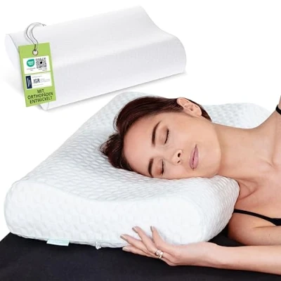 Abbildung von feela.® Orthopädisches Kopfkissen/Schlafkissen [3 Härtegrade] Lindert Nacken &amp; Schulterschmerzen, Erhöht Schlafkomfort und Entlastet die Halswirbelsäule Pillow, Kissen 40x60, Polster (Medium)