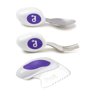 Abbildung von doddl Kinderbesteck Set, für Kleinkinder und Babies 12 Monate +, Kinder Messer, Gabel &amp; Löffel Ergonomisches Edelstahl Geschirr, hilft Ihrem Kind sich selbst richtige zu füttern (Blaubeerblau )