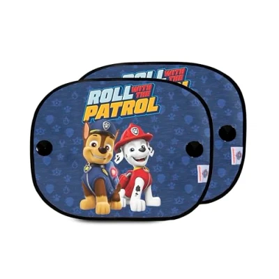 Abbildung von Paw Patrol Set mit 2 mikroperforierten Auto Sonnenblenden den Figuren Chase und Marshall. Schützt vor Sonneneinstrahlung Hitze.