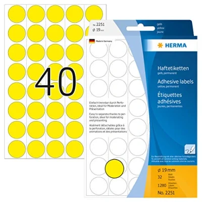 Abbildung von HERMA 2251 Punktaufkleber Klebepunkte perforiert gelb, 1280 Stück, Ø 19 mm, 40 pro Bogen, selbstklebend, Markierungspunkte für Kalender Planer, matt, blanko Papier Farbpunkte Aufkleber
