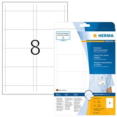 Abbildung von HERMA 9012 Namensschilder für Kleidung perforiert, 25 Blatt, 90 x 60 mm, 8 pro A4 Bogen, 200 Stück, bedruckbar, nicht klebende Karton Einsteckkarten mit Perforation, weiß