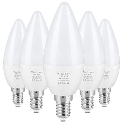 Abbildung von Vicloon E14 LED Kerze Lampe,5er Pack 5.5W Glühbirne, 6500K Kaltweiß, 500 Lumen, C37 Birne ersetzt 40W Halogenlampe, AC 165 265V, 270 Strahlwinkel, Nicht Dimmbar Energiesparlampe