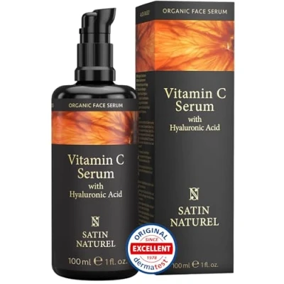 Abbildung von Vitamin C Serum Gesicht 100 ml hochdosiert auf Bio Aloe Vera Basis mit Hyaluron Gesichtspflege, Augenringe entfernen, Anti Aging Skincare Vegan Naturkosmetik Satin Naturel
