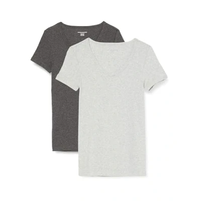Abbildung von Amazon Essentials Damen Kurzärmeliges T Shirt mit V Ausschnitt, Schmale Passform, 2er Pack, Dunkelgrau Meliert/Hellgrau Meliert, XL