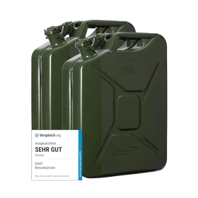 Abbildung von Oxid7 2x Kraftstoffkanister 20 Liter aus Metall olivgrün Benzin, Diesel &amp; Bio Ethanol geeignet 20L Benzin Kanister mit UN Zulassung Bauart geprüft