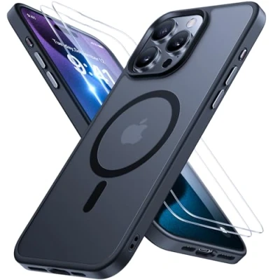 Abbildung von Miracase Magnetisch für iPhone 15 Pro Hülle Magsafe[mit 2 Schutzglas] Militärschutz Stoßfest Kratzfest Anti Fingerabdruck Samtige Touch Dünn Handyhülle 6,1 Zoll, Schwarz
