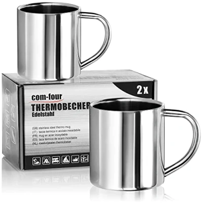 Abbildung von com four® 2x Edelstahl Thermobecher 180 ml je Becher Isolierbecher doppelwandig Kaffeetasse bruchsicher Thermo Trinkbecher Camping Tasse BPA frei (180ml)