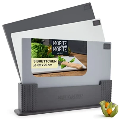 Abbildung von Moritz &amp; 3x Schneidebrett Kunststoff Set 32 x 22 cm Im praktischen Ständer Küchenbrett Groß Spülmaschinengeeignet und hygienisch