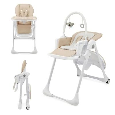 Abbildung von Kinderkraft TUMMIE Hochstuhl 2 in 1, Kinderhochstuhl, Babystuhl, Kombihochstuhl, ab den Ersten Lebensmonaten, Fußstütze, Halbliegende Position, Bezug aus PU, mit Spielzeugen, Beige