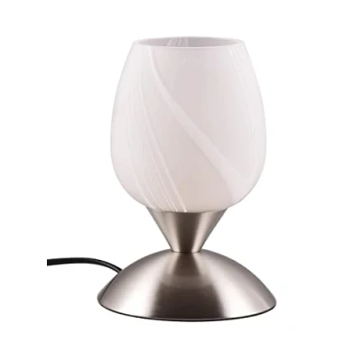 Abbildung von Reality Leuchten Tischleuchte Cup II R59441001, Metall Nickel matt, Glas satiniert weiß gestreift, exkl. 1x E14, On/Off Touch