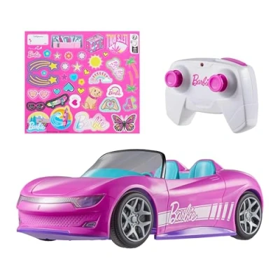 Abbildung von Hot Wheels Barbie Spielzeugauto, ferngesteuertes pinkfarbenes Cabrio, Platz für 2 Puppen und Kofferraum lässt sich zum Aufbewahren öffnen, Stickerbogen Gestaltungsmöglichkeiten, JBH05