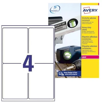 Abbildung von AVERY Zweckform L4774 8 Wetterfeste Folienetiketten (32 Klebeetiketten, 99,1x139mm auf A4, extrem stark selbstklebend, wasserfest, strapazierfähig, bedruckbare Outdoor Klebefolie) Blatt, weiß
