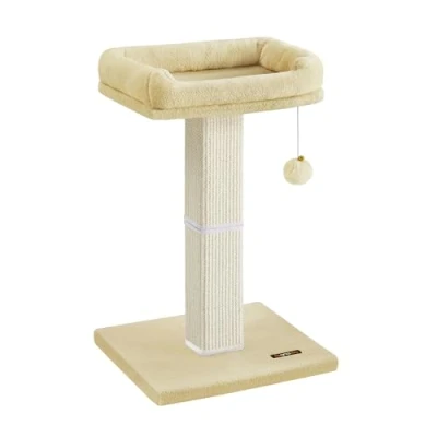 Abbildung von Feandrea Kratzbaum, Katzenbaum mit 40 x 30 cm Plattform aus Plüsch, Kratzstamm, Katzenkratzbaum, 71 hoch, Kratzsäule geflochtenem Sisal, 45 Sockel, Plüschball, beige PCA022M01