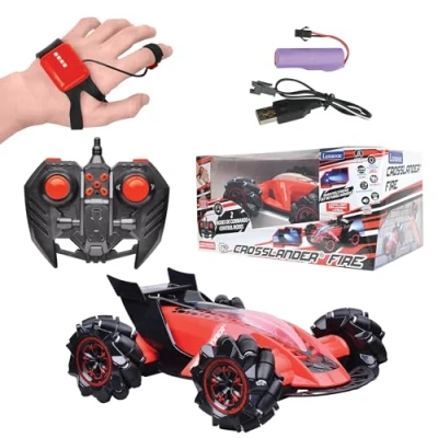 Abbildung von Lexibook Crosslander Fire, ferngesteuertes Auto, bis zu 12km/h, Allradantrieb, Rauchfontäne, Licht und Soundeffekte, Musik, inkl. Fernbedienung Armband zur Gestensteuerung, wiederaufladbar, RC60