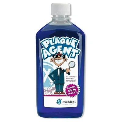 Abbildung von miradent Plaque Agent® Zahnspüllösung 500 ml zur Plaquekontrolle für Kinder mit angenehmen &quot;Bubble Gum&quot; Geschmack gebrauchsfertig inkl. Dosierkappe Erythrosinfrei ohne Alkohol