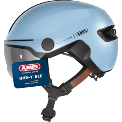 Abbildung von ABUS Stadthelm HUD Y ACE stylischer Fahrradhelm mit Visier und magnetischem, aufladbarem LED Rücklicht für Damen Herren Blau, Größe M