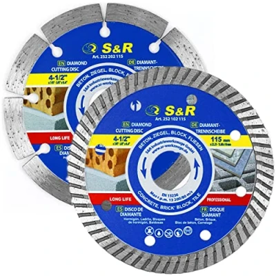 Abbildung von S&amp;R Diamanttrennscheiben 115 mm Set 2 tlg, 1x Segment Standard, Turbo Rand x 10 22.2/15.88 (inkl Reduzierring), Diamant Trennscheiben für Stein, Beton, Ziegel, Fliesen