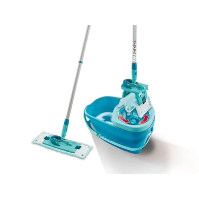 Abbildung von Leifheit Set Clean Twist M Flachwischer Ergo 2.0, Bodenwischer mit Supersoft Bezug für nebelfeuchte Reinigung auf Parkett, Laminat &amp; Echtholz, Wischmopp Click System, Mop Schleudertechnologie