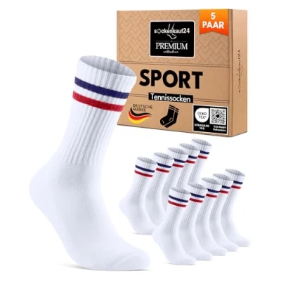 Abbildung von Socken Damen Sportsocken Weiß 35 38 Tennissocken Gepolstert Atmungsaktive Baumwolle 5 Paar Retro Crew (Ringel Rot/Blau)