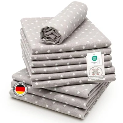 Abbildung von ZOLLNER 10er Set Musselin Spucktücher in 80x80 cm aus Baumwolle hautfreundliche Mulltücher mit süßen Sternen besonders weich und saugstark waschbar bis 60C grau