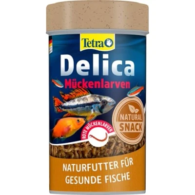 Abbildung von TetraDelica Bloodworms, Naturfutter für Zierfische, enthält zu 100% gefriergetrocknete rote Mückenlarven, 100 ml Dose