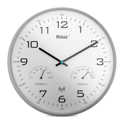 Abbildung von Mebus Moderne Funk Wanduhr mit Temperaturanzeige und Luftfeuchtigkeit, 30 cm, Uhr, Wohnzimmer, Küchenuhr/Modell: 52842 / Farbe: Grau