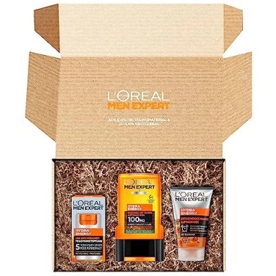 Abbildung von L&#039;Oréal Men Expert Pflegeset gegen müde Haut für Männer, Geschenkset mit Waschgel, Duschgel und Gesichtscreme, Geschenk Herren Taurin Vitamin C, Hydra Energy, 3 teiliges Set