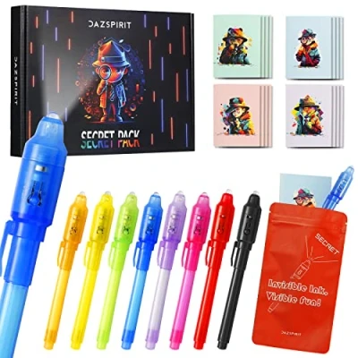Abbildung von DazSpirit 8 Stück Geheimstift und Notizbuch Set Detektiv Thema Geschenktüten, Zauberstifte mit UV Licht Partytütenfüller für Jungen Mädchen, Unsichtbarer Stift Spy Pen zum Mitgebsel Kinder
