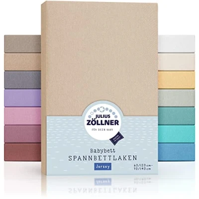Abbildung von Julius Zöllner Jersey Spannbettlaken für Baby &amp; Kinderbett, 100% Baumwolle, OEKO TEX Standard 100 zertifiziert, Größe: 60x120cm / 70x140cm, 2er Pack, sand