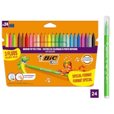 Abbildung von BIC Kids Filzstifte Set Kid Couleur, Fasermaler zum Malen in 24 auswaschbaren Farben, inkl. Neonfarben, im Karton Etui, ab 5 Jahre, Count (Pack of 1)