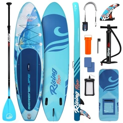 Abbildung von SereneLife Stand Up Paddling Board Set, SUP Komplettes Zubehör, Paddle für Kinder &amp; Erwachsene, Surfbrett Tragetasche, Set Anti Rutsch mit Pumpe, Auflasbares Paddelbrett