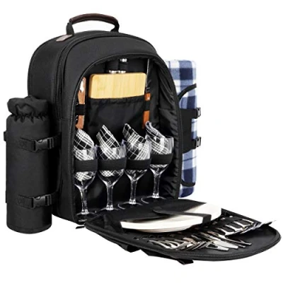 Abbildung von Sunflora Picknickrucksack für 4 Personen mit Decke Picknickkorb Set 2 isoliertem Kühler Weintasche Familienpaare (Schwarz)