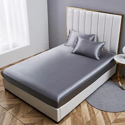 Abbildung von Damier Spannbettlaken 160x200cm Grau Dunkelgrau Anthrazit Satin Seide Glänzend Bettlaken Hochwertiges Deluxe Unifarben Spannbetttuch, Geeignet für Matratzen bis 30cm