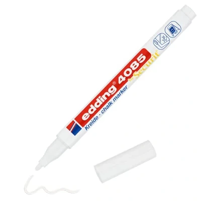 Abbildung von edding 4085 Kreidemarker weiß 1 Kreidestift Rundspitze 2 mm dünner für Tafel abwischbar zum Beschriften von Fenster, Glas, Spiegel Tafelstift mit deckenden Farben