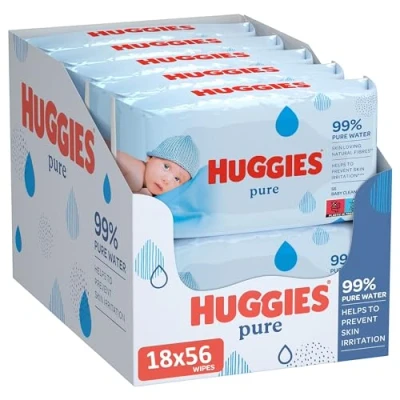 Abbildung von Huggies Pure, Babytücher, 18 Packungen (insgesamt 1008 Tücher) — 99 Prozent reines Wasser parfümfrei für sanfte Reinigung und Schutz natürliche Feuchttücher