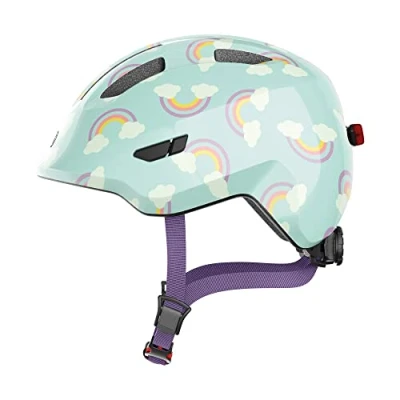 Abbildung von ABUS Kinderhelm Smiley 3.0 LED Fahrradhelm mit Licht tiefe Passform &amp; Platz für einen Zopf Mädchen und Jungs Hellblau Regenbogen Muster, Größe S