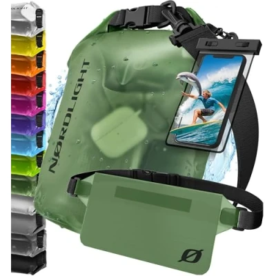 Abbildung von Nordlight wasserdichte Tasche 3er Set (Dunkelgrün) Dry Bag 20l + Handyhülle Hüfttasche IPX8 Schutz Mit Verstellbaren Gurten Für Strand, Stand Up Paddling