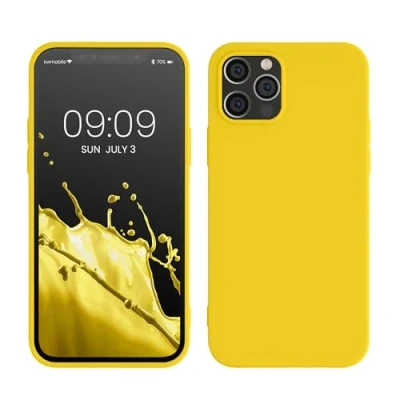Abbildung von kwmobile Hülle kompatibel mit Apple iPhone 12 / Pro weiches TPU Silikon Case Cover geeignet für kabelloses Laden Strahlend Gelb