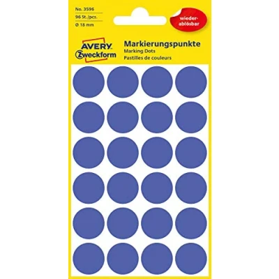 Abbildung von AVERY Zweckform 3596 selbstklebende Markierungspunkte 96 Stück (Ø18mm, ablösbare Klebepunkte auf 4 Bogen, Farbcodierung, runde Aufkleber für Kalender, Planer und zum Basteln, Papier) blau