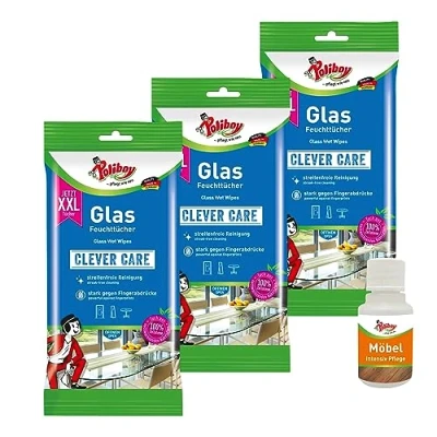 Abbildung von POLIBOY XXL Glas Feuchttücher Streifenfreie Reinigungstücher für Glasoberflächen Praktische Fenstertücher 3x 24 Tücher Mit Produkt Probe Made in Germany