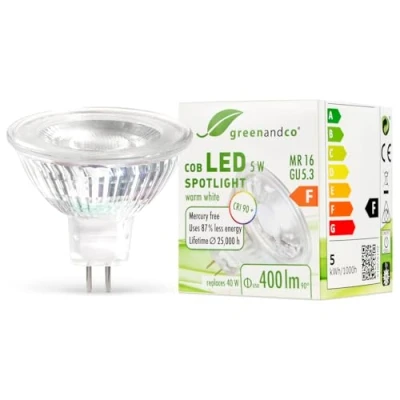 Abbildung von greenandco CRI 90+ MR16 GU5.3 LED Spot 5W 400 lm 3000K warmweiß 38 COB 12V AC/DC nicht dimmbar