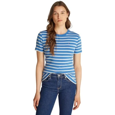 Abbildung von Tommy Hilfiger Damen T Shirt Kurzarm Slim Cody Rundhalsausschnitt, Mehrfarbig (Fine Stp Blue Spell/ Ivory Petal), XS