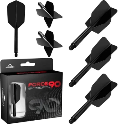 Abbildung von Mission Darts Force 90 Integriertes präzisionsgeformtes Dart Flight und Schaftsystem, 3 Stück, professionelle, sehr langlebige 2 in 1 kombinierte Flights Schäfte, schlank (schwarz, kurz)