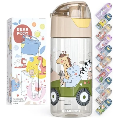 Abbildung von BEARFOOT Trinkflasche Kinder 450ml, leichte Tritan Wasserflasche, BPA frei, auslaufsicher, Kohlensäure geeignet, spülmaschinenfest für Jungen, Mädchen, Kleinkind (Beige Safari)