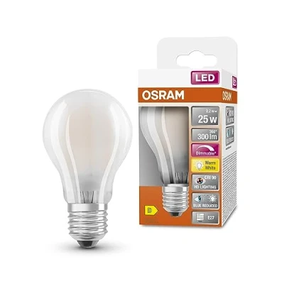 Abbildung von OSRAM SUPERSTAR+ CLASSIC A GLFR 25 LED Lampe, E27, Kolbenform, 2,2W, 300lm, 2700K, warmweißes Licht, stark reduzierter Blauanteil, geringere Augenbelastung, dimmbar, geringer Energieverbrauch