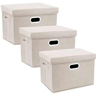 Abbildung von TYEERS Aufbewahrungsbox mit Deckel Groß, Stoff, Faltbare, Waschbare, Kisten Aufbewahrung Deckel, 44x30x29 cm, 3 Stück, Beige
