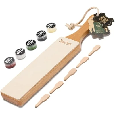 Abbildung von BACHER Premium Leder Streichriemen Abziehleder für Messer set mit 4 x 7g Polierpaste. Paddelgriff aus Hartholz, 1/8&quot; starkem, rindengegerbtem Rindleder bezogen