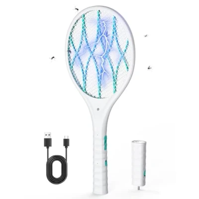 Abbildung von AROEVE Elektrische Fliegenklatsche, 4000V USB Aufladung, LED Licht, Abnehmbare Taschenlampe, 3 Schicht Schutzgitter, Doppelter Schalter, Zuhause, Garten, Weiß