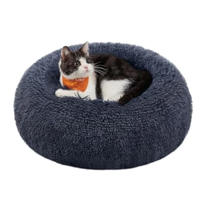 Abbildung von Feandrea Hundebett flauschig, Katzenbett, Donut Kissen, waschbar, Polsterung in der Mitte herausnehmbar, Langer Plüsch, 40 cm Durchmesser, dunkelgrau PGW036G02
